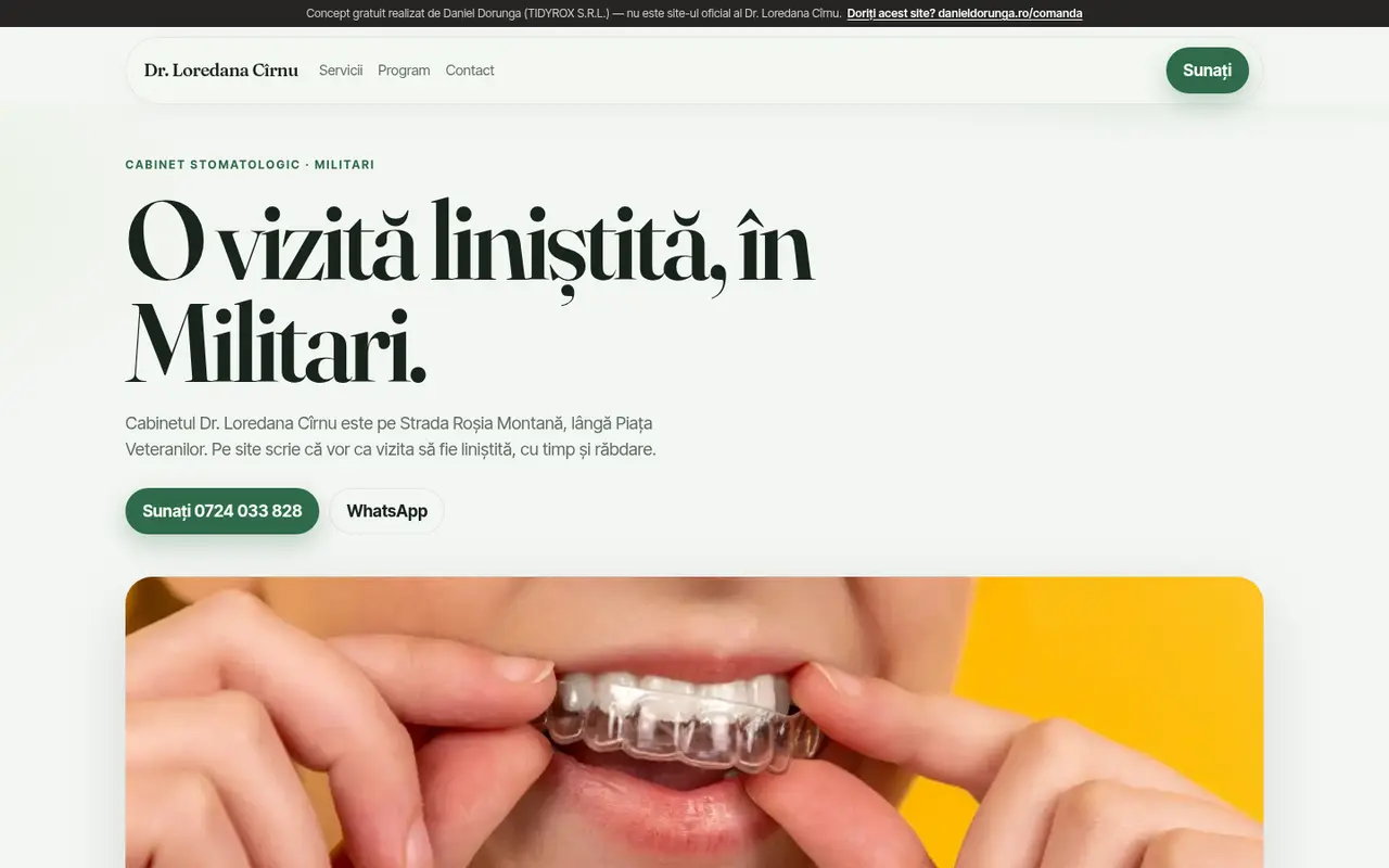 Previzualizare a mockup-ului Dr. Loredana Cîrnu, cu o gutieră ilustrativă.