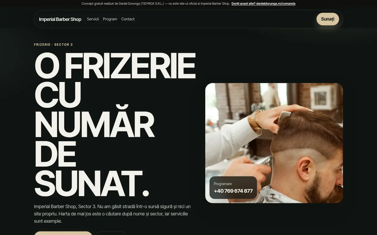 Previzualizare a mockup-ului Imperial Barber Shop, cu un tuns ilustrativ.