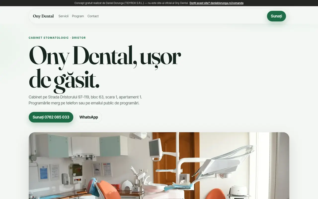 Previzualizare a mockup-ului Ony Dental, cu un cabinet stomatologic ilustrativ.