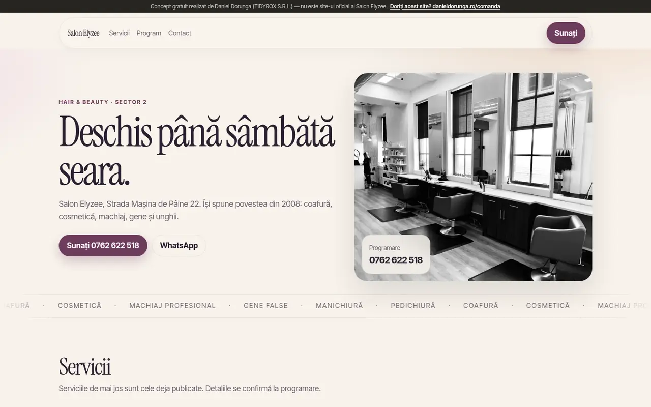 Previzualizare a mockup-ului Salon Elyzee, cu scaune de salon.