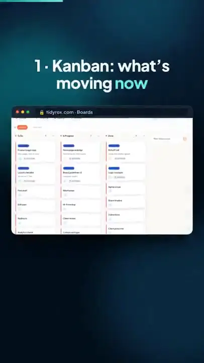 TidyRox, panou kanban cu coloanele To do, In progress și Done.