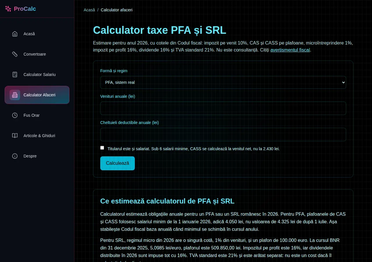 Calculatorul PFA și SRL de pe myprocalculator.org.