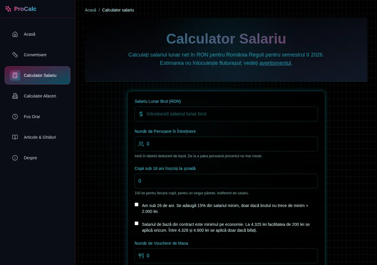 Calculatorul de salariu net de pe myprocalculator.org.