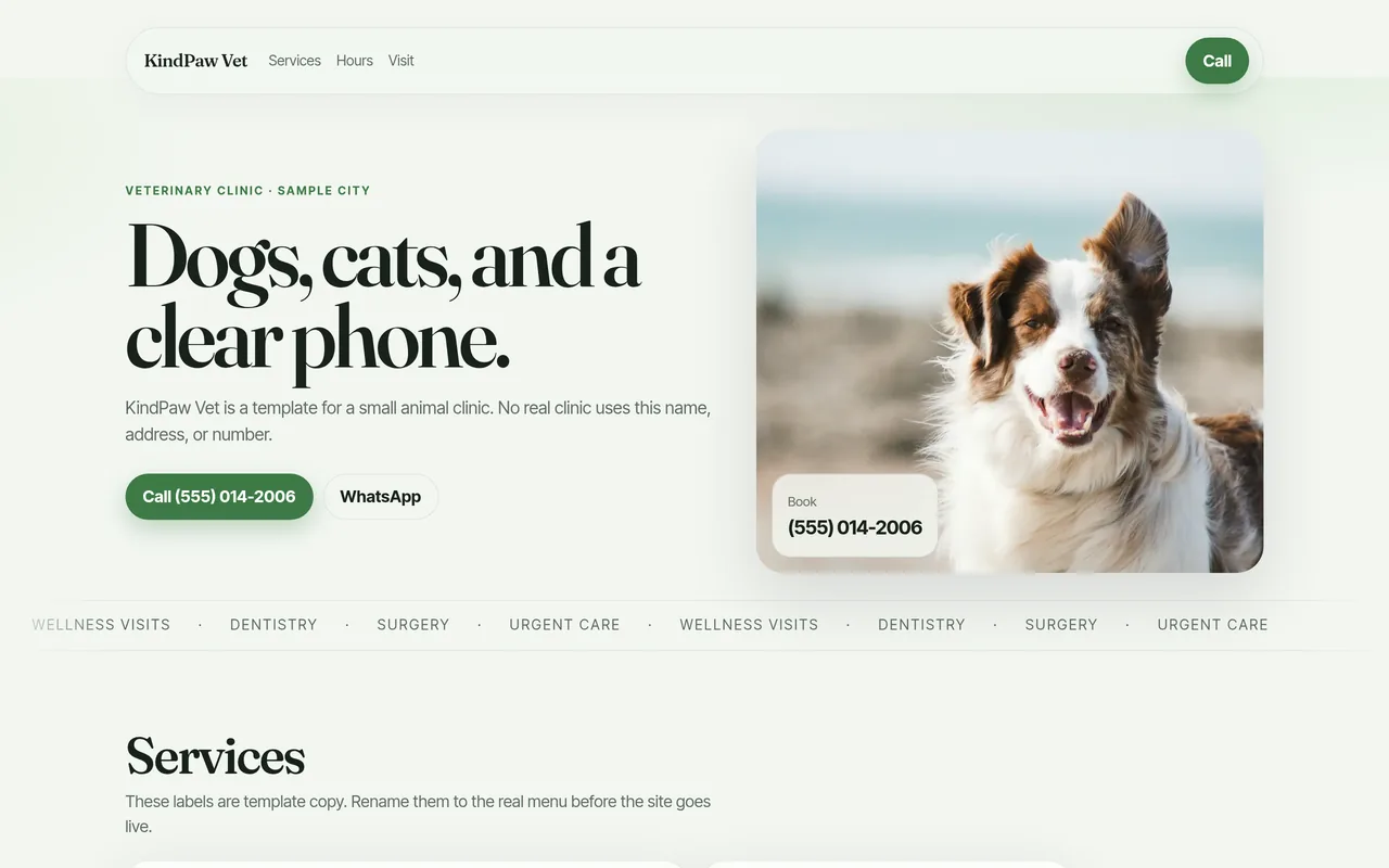 Preview of the KindPaw Vet template
