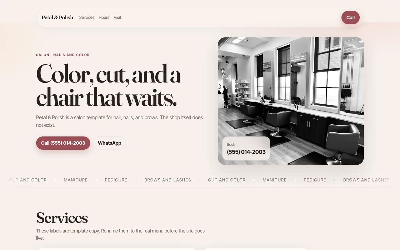 Preview of the Petal & Polish template